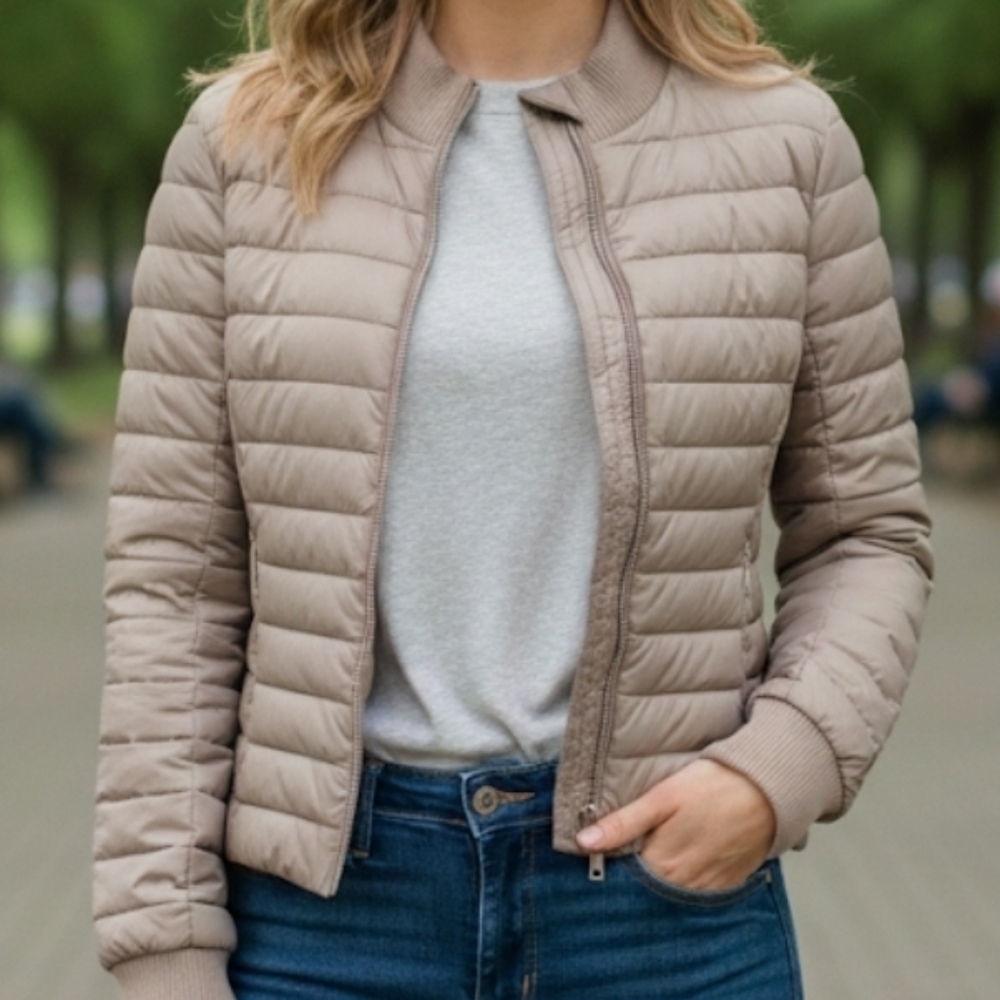 Michael Kors Taupe Quilted Bomber Jacket